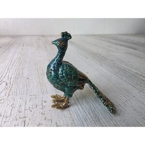 Monet peacock trinket jewelry pill box green glitter bird mini decor
